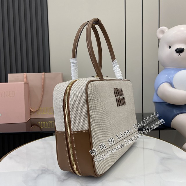 MIU MIU專櫃繆繆最新款原廠帆布配焦糖棕色公事包 jh2665型號：5BB117，5BB163